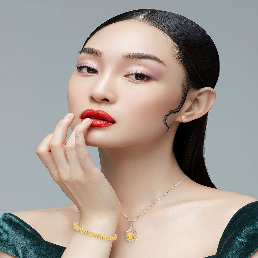 18K Rose Gold Created Citrine Princess Halo Pendant Necklace, Earrings and Tennis Bracelet Jewelry Set Plated