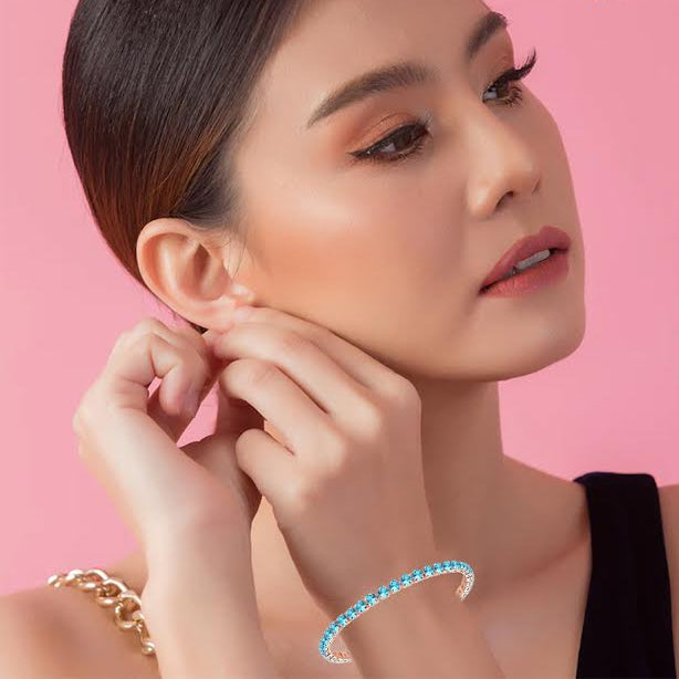 10k Rose Gold 7 Cttw Created Blue Topaz Round Adjustable Tennis Plated Bracelet