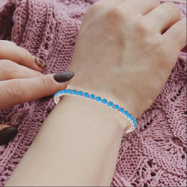 10k Rose Gold 6 Cttw Created Turquoise Round Adjustable Tennis Plated Bracelet