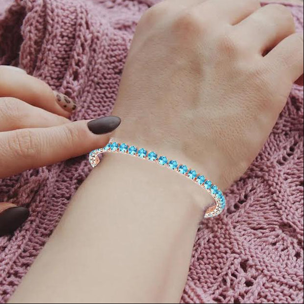10k Rose Gold 6 Cttw Created Blue Topaz Round Adjustable Tennis Plated Bracelet