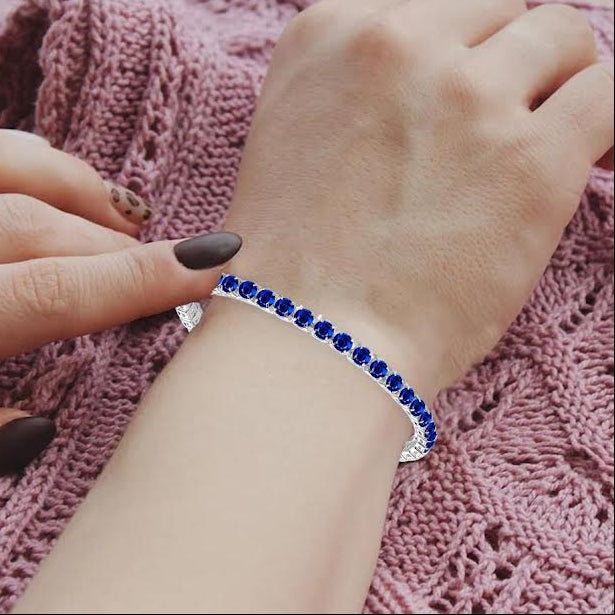 10k White Gold 6 Cttw Created Blue Sapphire Round Adjustable Tennis Plated Bracelet