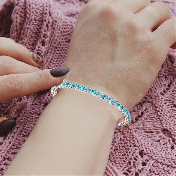 10k Rose Gold 7 Cttw Created Blue Topaz Round Adjustable Tennis Plated Bracelet