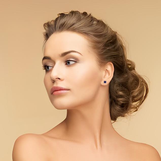 10k White Gold Plated 3 Carat Princess Cut Created Blue Sapphire Stud Earrings