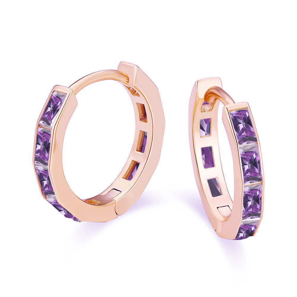 DiamondX 18K Rose Gold Created Amethyst 3Ct Emerald Cut Huggie Hoop Earrings Plated