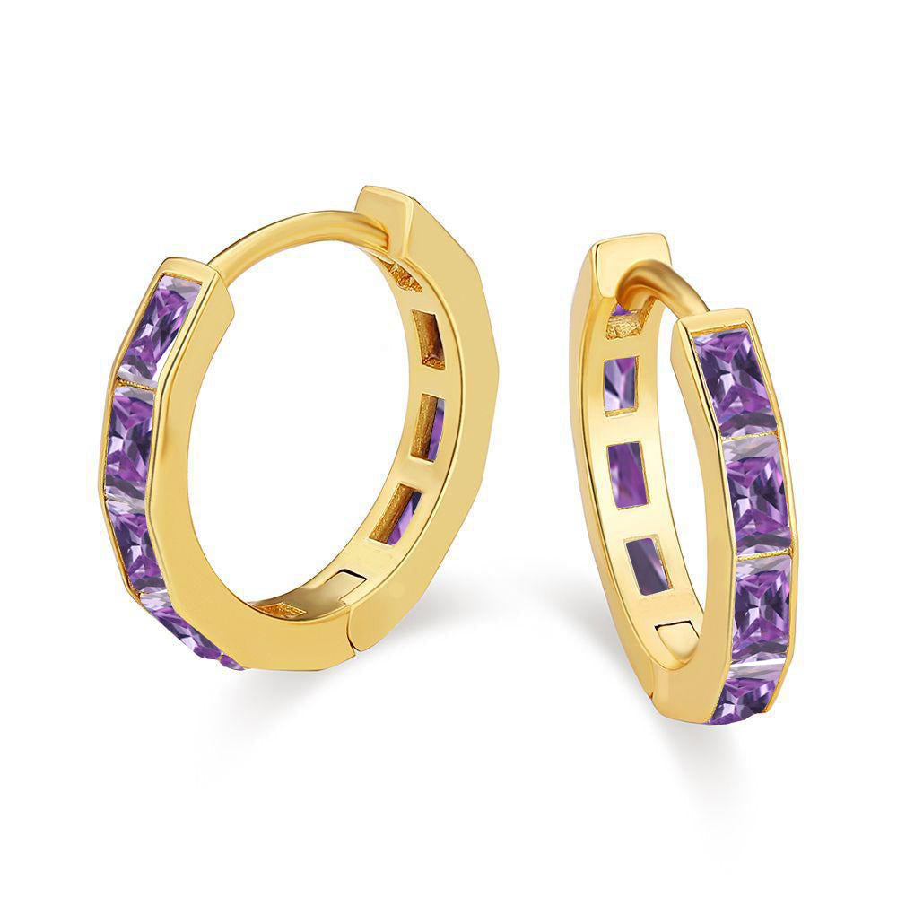 DiamondX 18K Yellow Gold Created Amethyst 3Ct Emerald Cut Huggie Hoop Earrings Plated