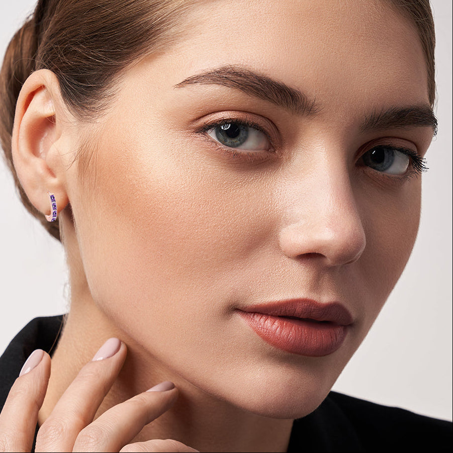 DiamondX 18K Rose Gold Created Amethyst 3Ct Emerald Cut Huggie Hoop Earrings Plated