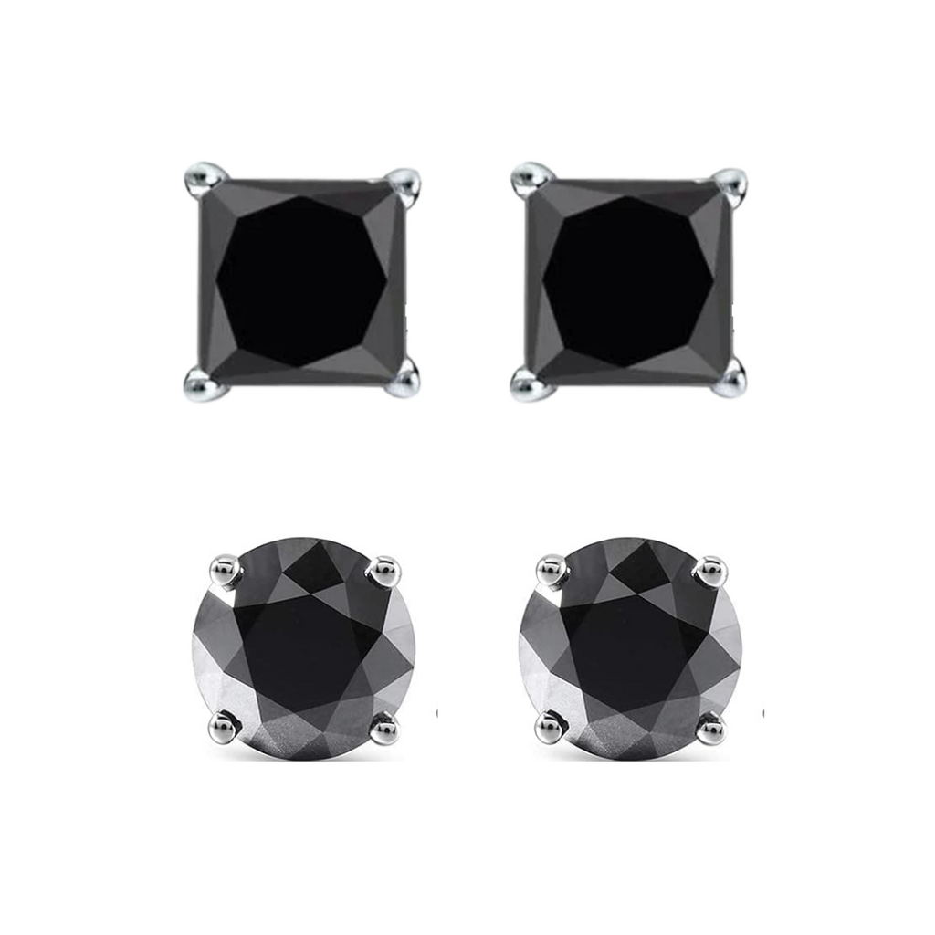 DiamondX14K White Solid Gold Created Black Diamond 1/4Ct, 1/2Ct, 1Ct, 2Ct, 3CT Round and Princess Stud Earrings 2 Pairs