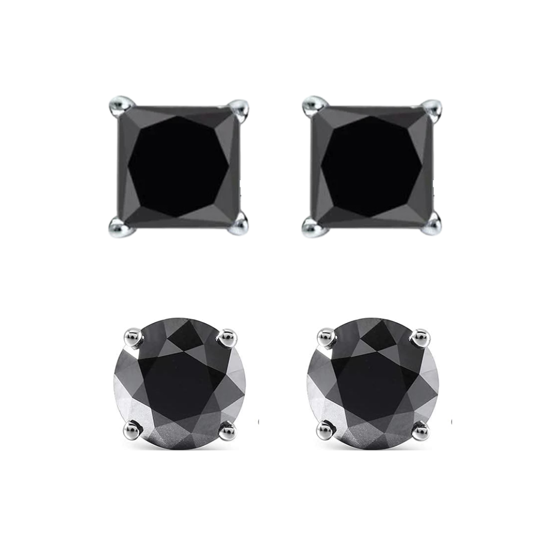 DiamondX14K White Solid Gold Created Black Diamond 1/4Ct, 1/2Ct, 1Ct, 2Ct, 3CT Round and Princess Stud Earrings 2 Pairs