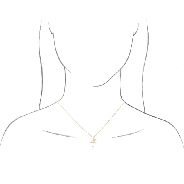 14K Yellow Gold .06 CT Diamond Dangle & Beaded Cross 20" Necklace