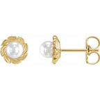 14K Yellow Gold Cultured White Akoya Pearl Leaf Earrings