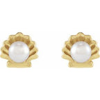 14K Yellow Gold Cultured White Seed Pearl Shell Earrings