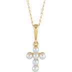 14K Yellow Gold Cultured White Seed Pearl Youth Cross 16" Necklace