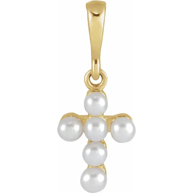 14K Yellow Gold Cultured White Seed Pearl Youth Cross Pendant