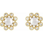 14K Yellow Gold Cultured White Freshwater Pearl & 1/8 CTW Natural Diamond Earrings
