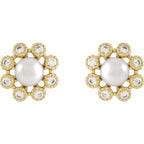 14K Yellow Gold Cultured White Freshwater Pearl & 1/8 CTW Natural Diamond Earrings