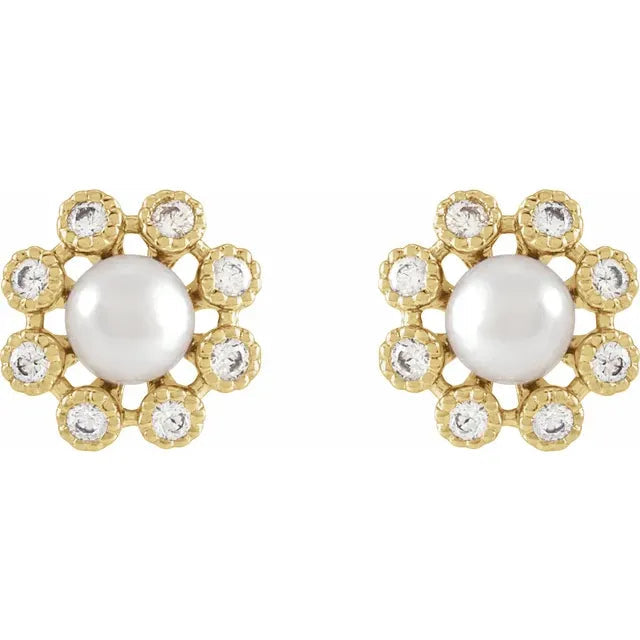 14K White Gold Cultured White Freshwater Pearl & 1/8 CTW Natural Diamond Earrings