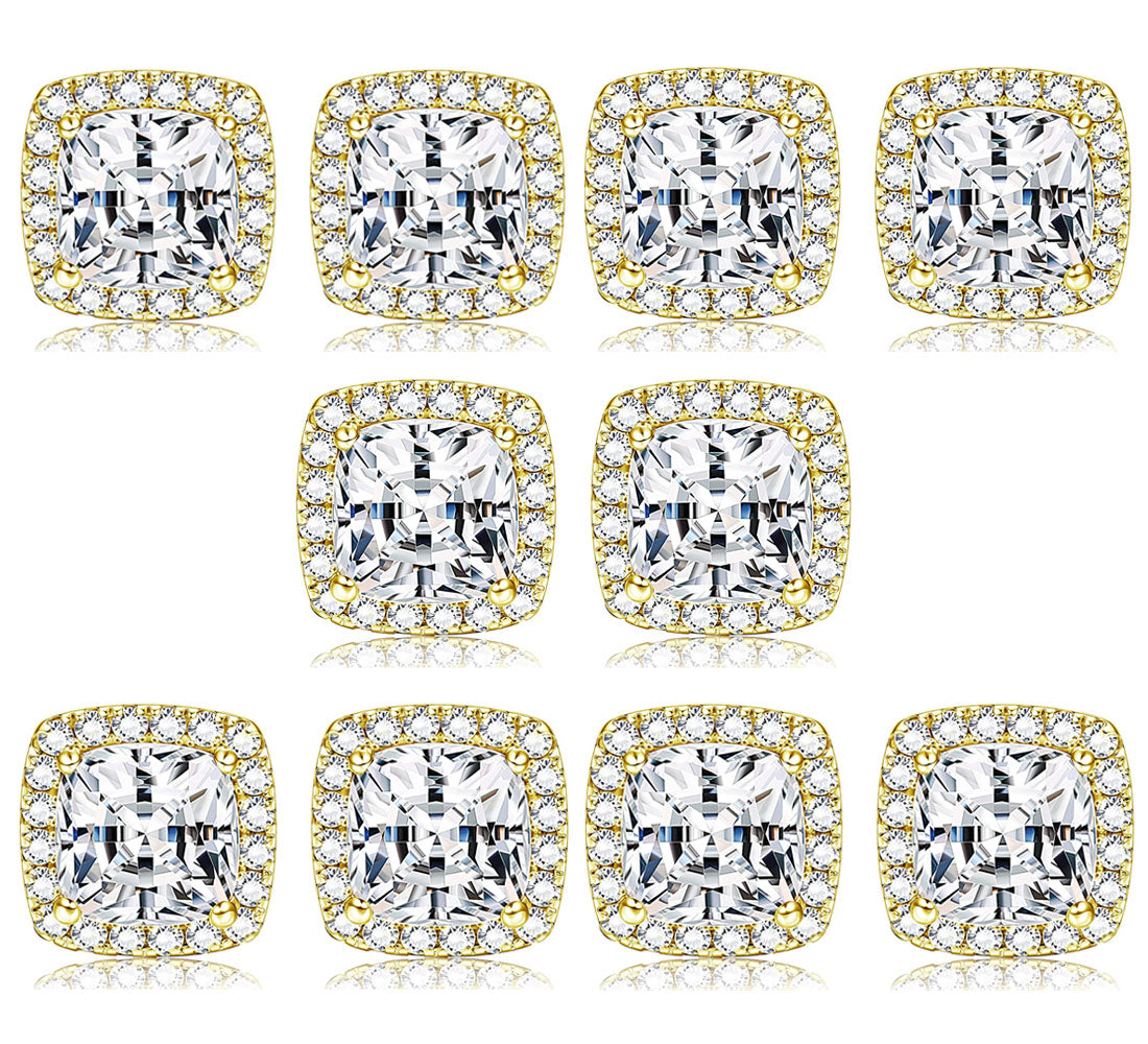 DiamondX 14k Yellow Gold Halo 6mm 2Ct Asscher Cut Created White Sapphire CZ Set Of Five Stud Earrings Plated