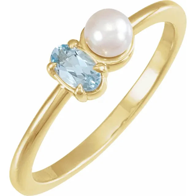 14K Yellow Gold Natural Aquamarine & Cultured White Akoya Pearl Ring