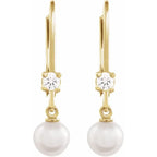 14K Yellow Gold Cultured White Akoya Pearl Lever Back Earrings