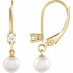 14K Yellow Gold Cultured White Akoya Pearl Lever Back Earrings