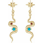 14K Yellow Gold Natural Turquoise & Natural Ruby Snake Earrings