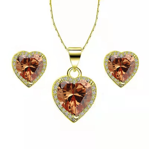 DiamondX 14k Yellow Gold Heart 4Ct Created Tourmaline CZ Full Set Necklace 18 inch Plated