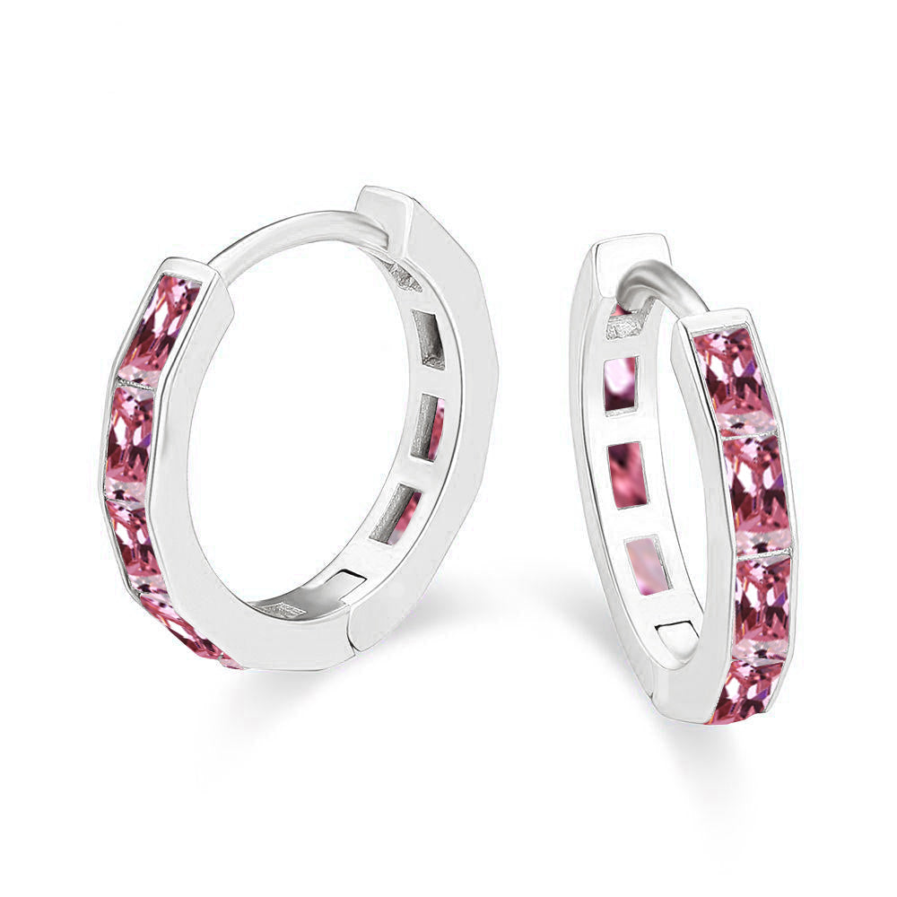 DiamondX 18K White Gold Created Pink 3Ct Emerald Cut Huggie Hoop Earrings Plated