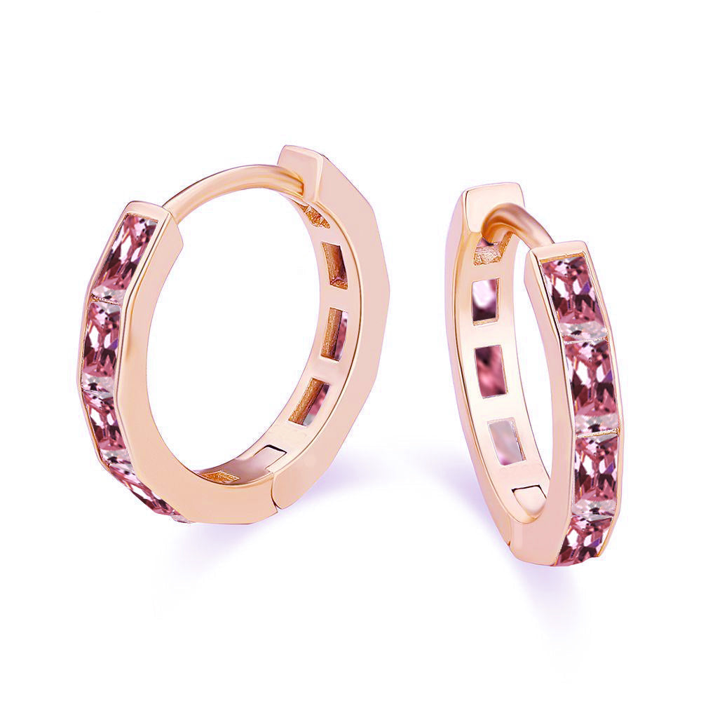 DiamondX 18K Rose Gold Created Pink 3Ct Emerald Cut Huggie Hoop Earrings Plated