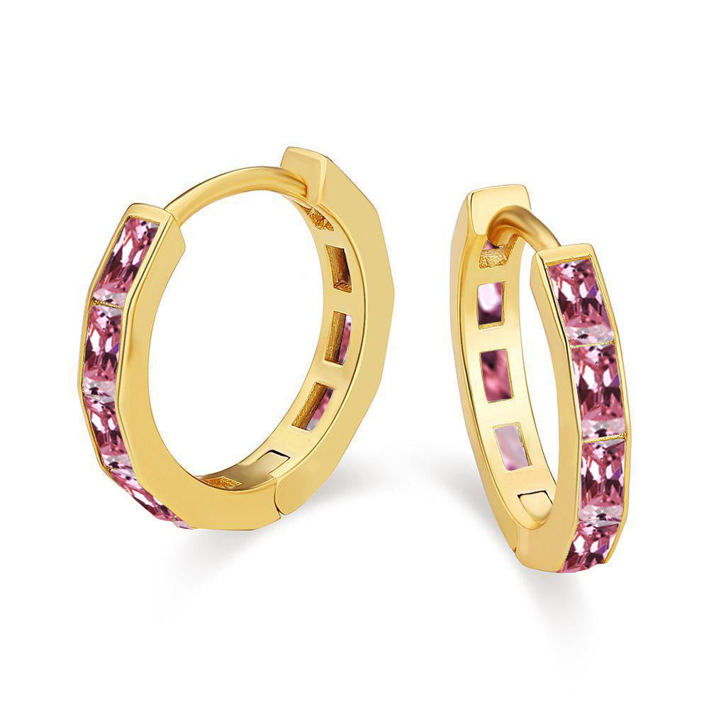 DiamondX 18K Yellow Gold Created Pink 3Ct Emerald Cut Huggie Hoop Earrings Plated