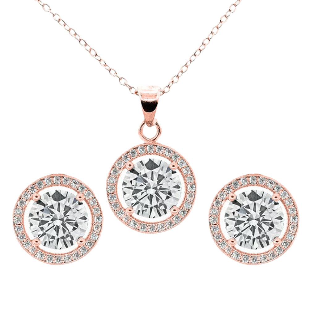 DiamondX 18K Rose Gold White Halo Round 1, 2, 3 and 4Ct Set Necklace and Earrings with  Crystals Plated
