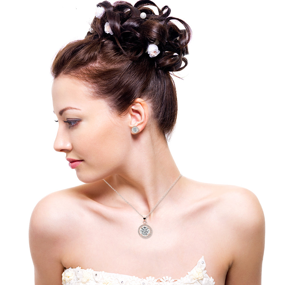 DiamondX 18K Rose Gold White Halo Round 1, 2, 3 and 4Ct Set Necklace and Earrings with  Crystals Plated