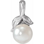14K White Gold Cultured White Akoya Pearl Floral Pendant