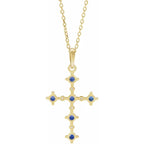 14K Yellow Gold Lab-Grown Blue Sapphire & .07 CTW Natural Diamond Cross 16-18" Necklace
