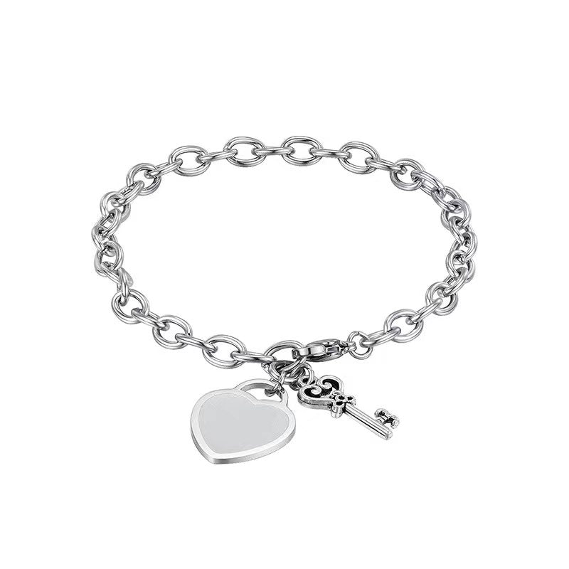 DiamondX 18k White Gold Brushed Heart & Key Charm Toggle Bracelet Plated