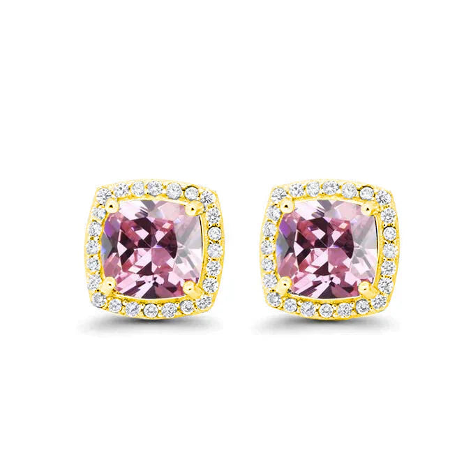 DiamondX 18k Yellow Gold 1 Carat Created Halo Princess Sapphire Birthstone Stud Earrings All Colors Plated