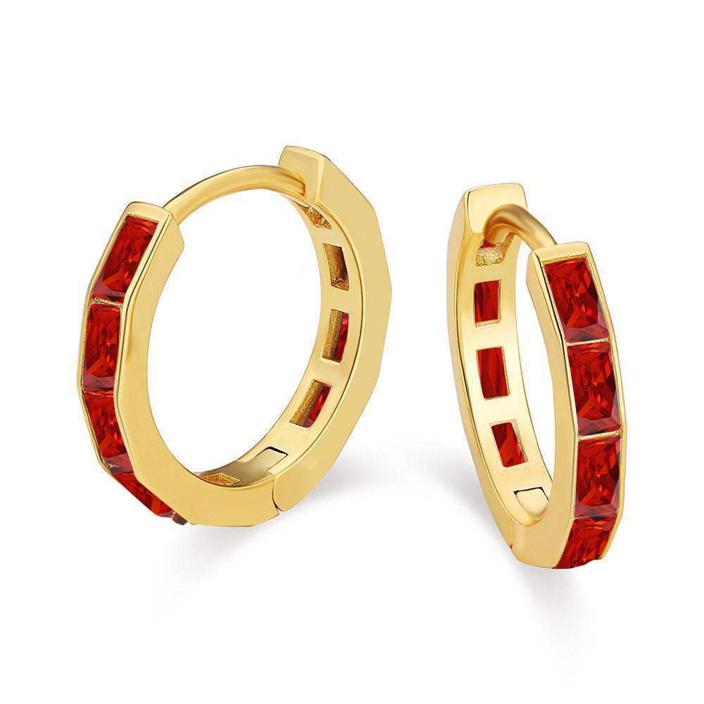 DiamondX 18K Yellow Gold Created Red 3Ct Emerald Cut Huggie Hoop Earrings Plated