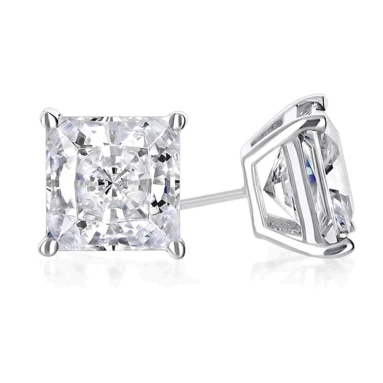 14K White Solid Gold Created White Diamond Princess Stud Earrings 6mm