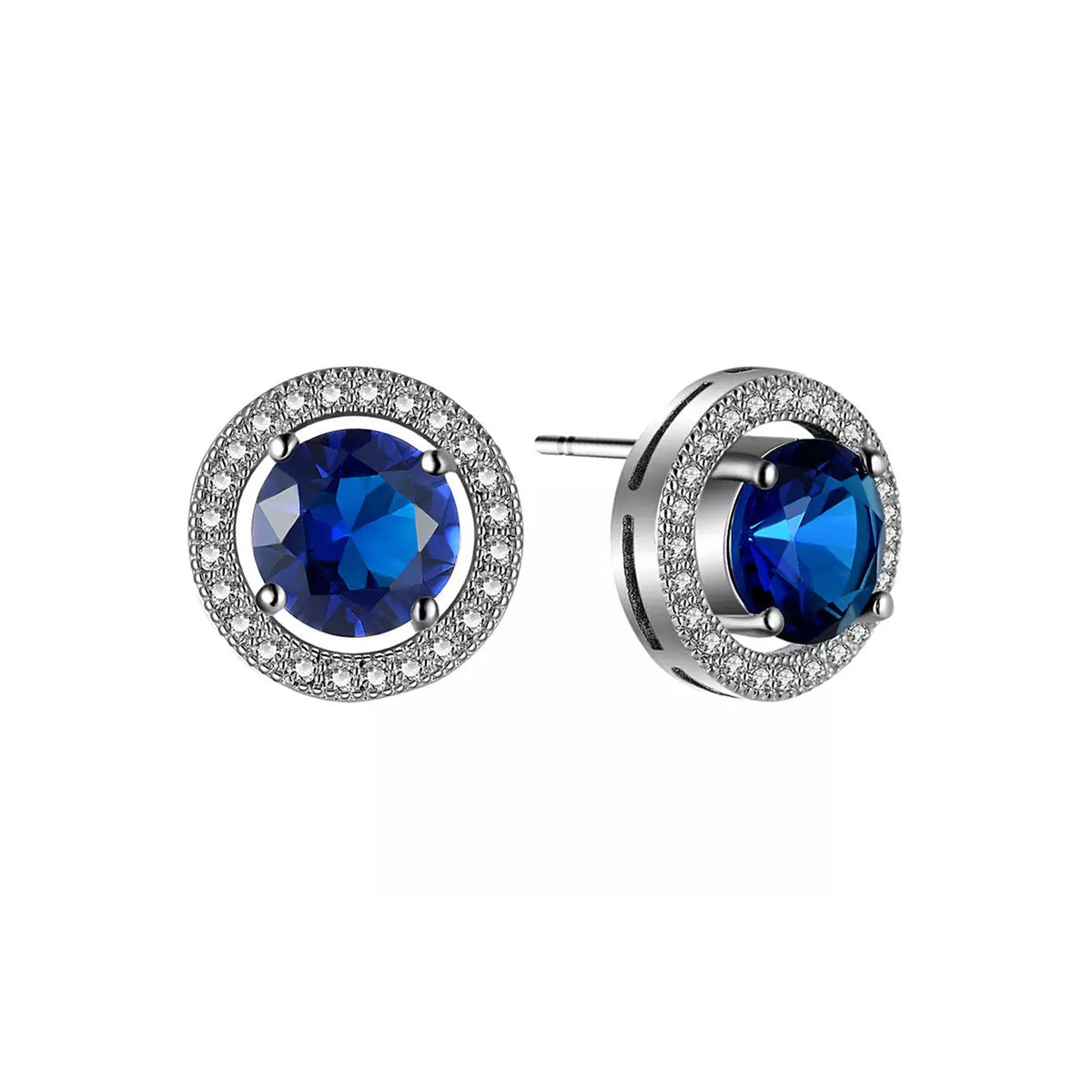 10k White Gold Plated 3 Ct Round Created Blue Crystal Halo Stud Earrings