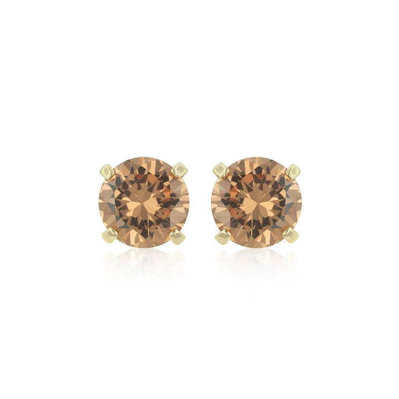 14k Yellow Gold Created Champagne Round Stud Earrings 3mm
