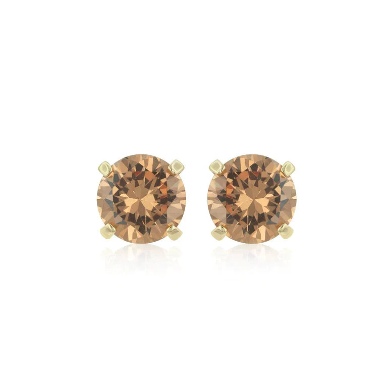 14k Yellow Gold Created Champagne Round Stud Earrings 4mm