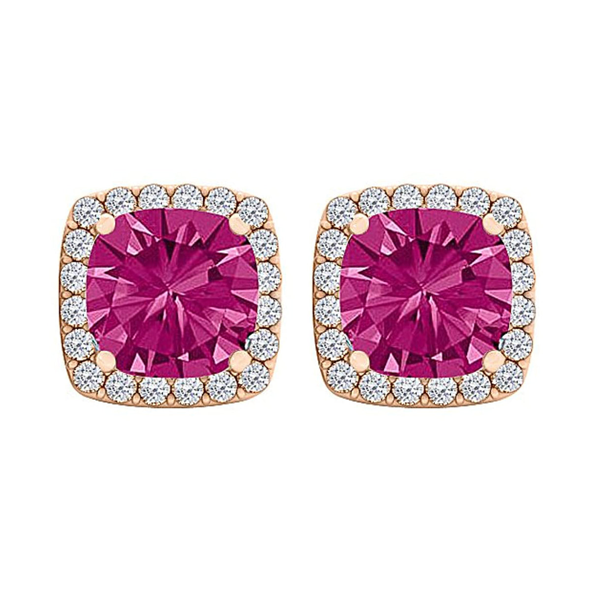 14k Rose Gold Plated 1 Carat Square Created Halo Sapphire Stud Earrings