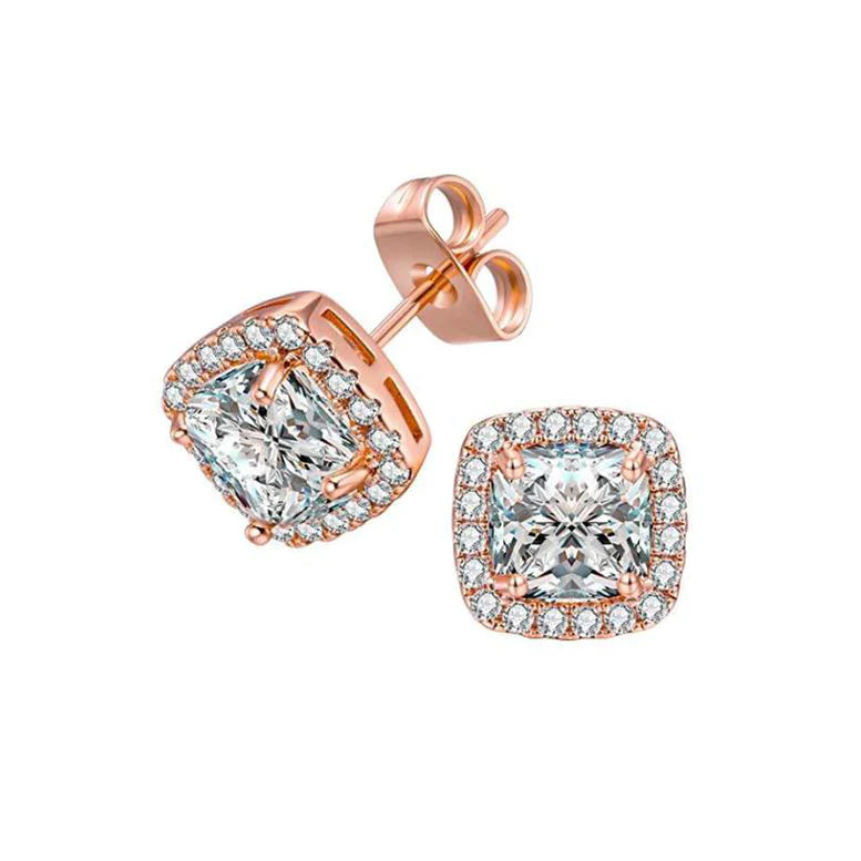 DiamondX  Crystals 10k Rose Gold 2 Carat Princess Cut Created Halo White Sapphire Stud Earrings Plated