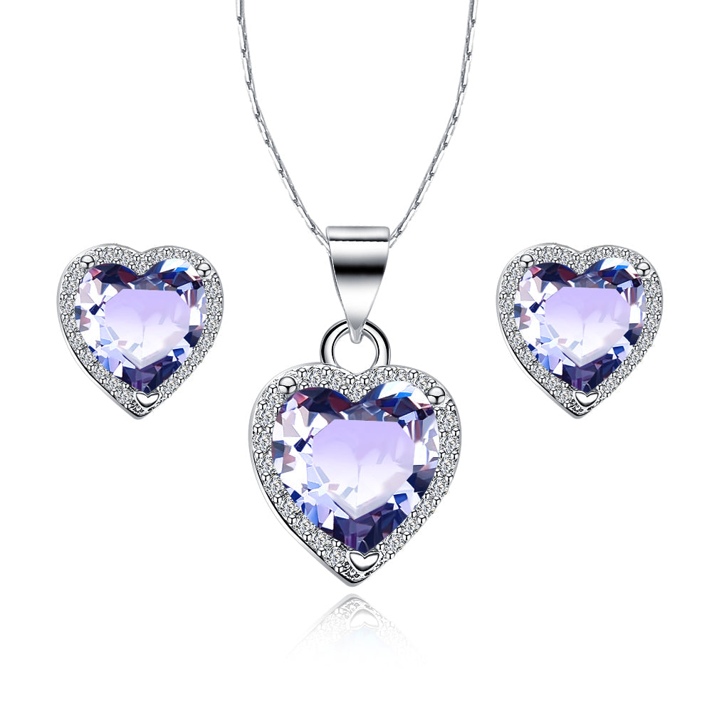 DiamondX 18k White Gold Plated Heart 4 Carat Created Amethyst Full Set Necklace, Earrings 18 Inch