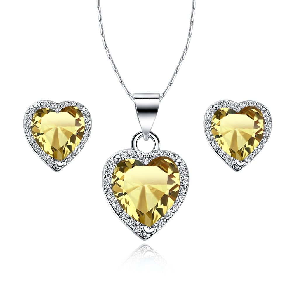 DiamondX 18k White Gold Plated Heart 4 Carat Created Citrine Full Set Necklace, Earrings 18 Inch