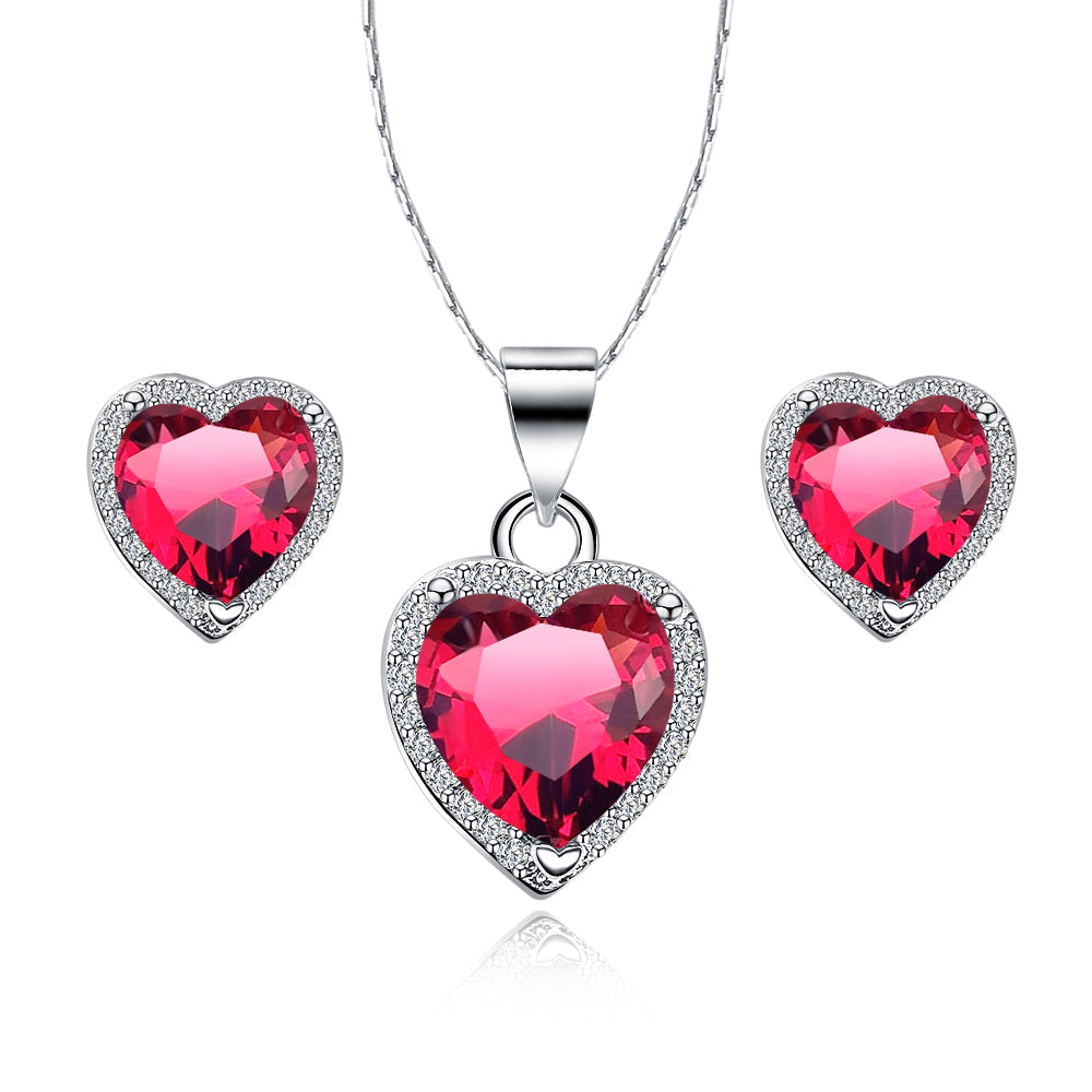 DiamondX 18k White Gold Plated Heart 4 Carat Created Ruby Full Set Necklace, Earrings 18 Inch