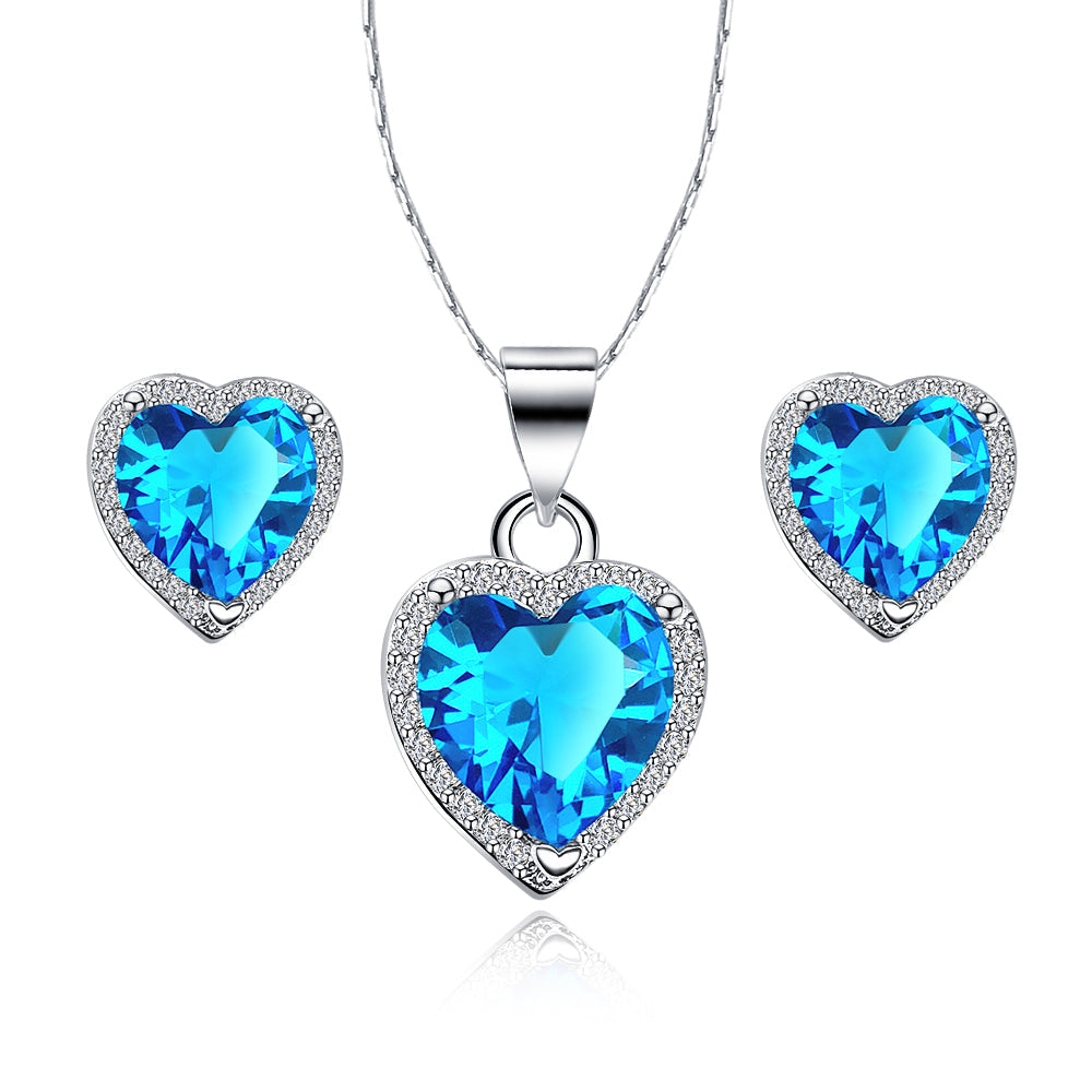 DiamondX 18k White Gold Plated Heart 4 Carat Created Blue Topaz Full Set Necklace, Earrings 18 Inch
