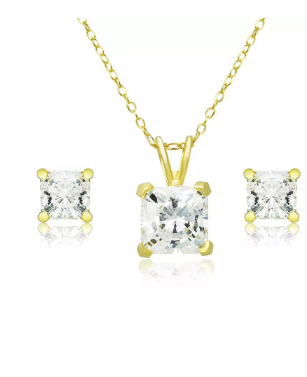 18K Yellow Gold 1ct White Sapphire Square 18 Inch Necklace and Earrings Set Plated