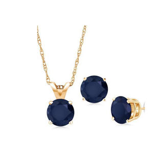 18K Yellow Gold 1ct Blue Sapphire Round 18 Inch Necklace and Earrings Set Plated