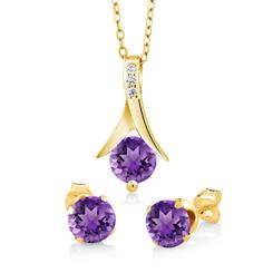 18K Yellow Gold 1/2ct Amethyst Round 18 Inch Necklace and Earrings Set Plated