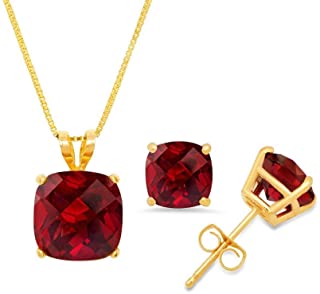 18K Yellow Gold 1/2ct Garnet Square 18 Inch Necklace and Earrings Set Plated